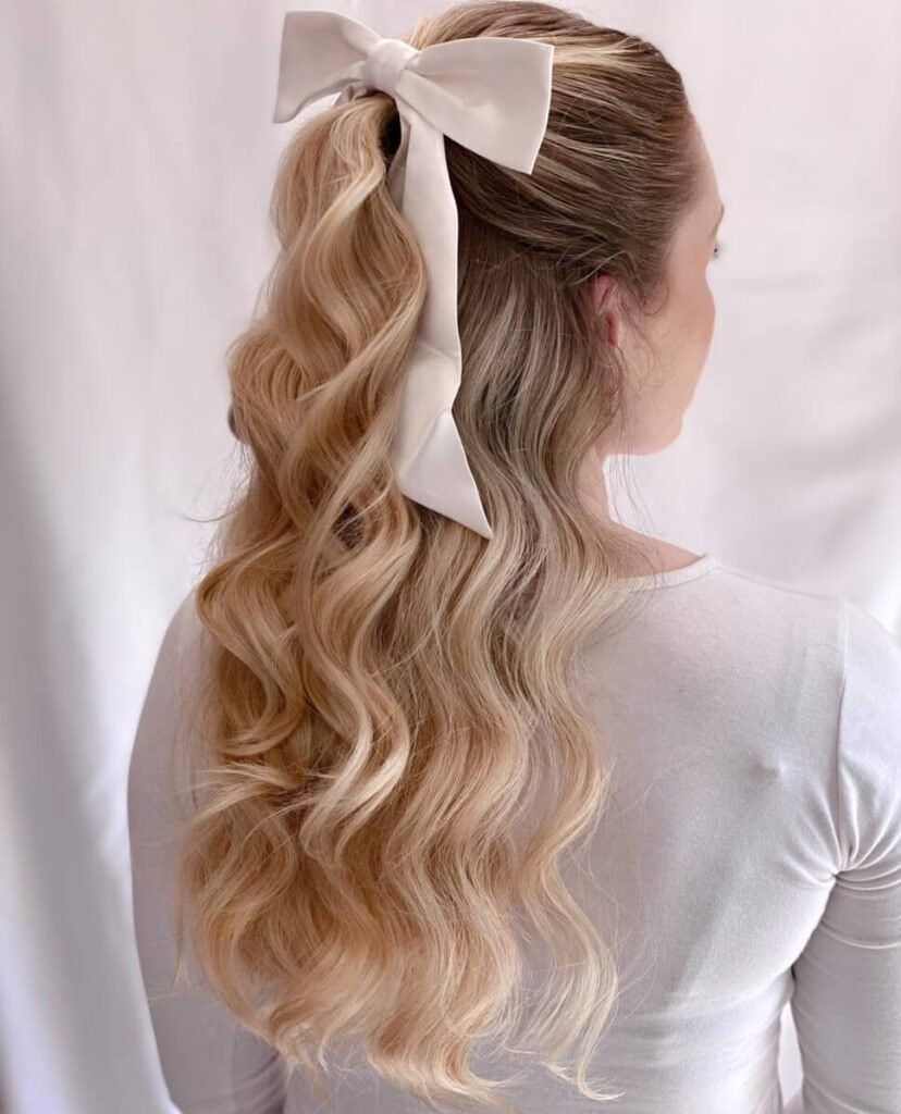 Half-Up Blonde Waves With White Bow Half-Up Blonde Waves With White Bow — Hair Bow Ponytail