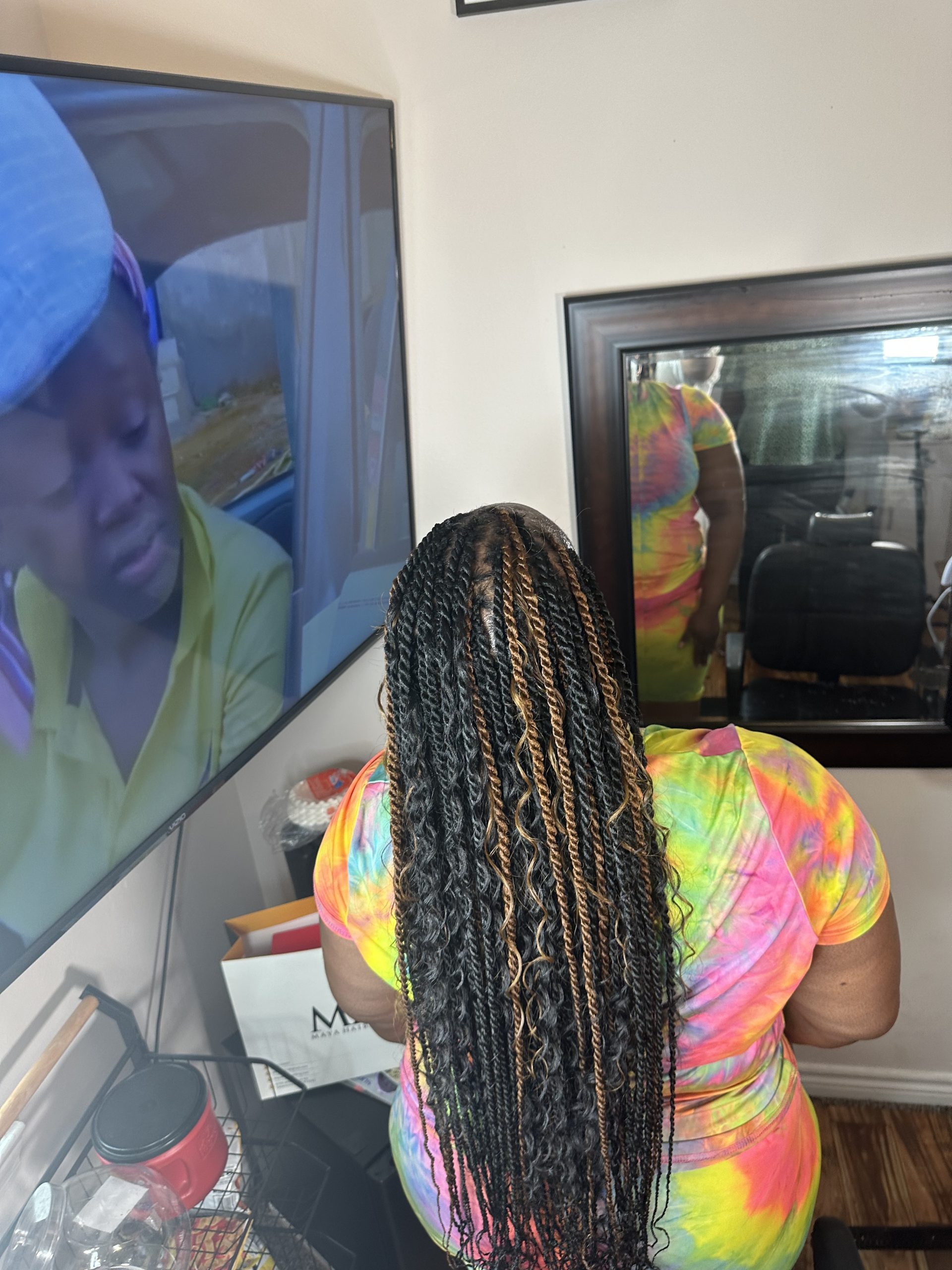Mid-Back Twists with Blonde Highlights and Wavy Ends — Boho Twists