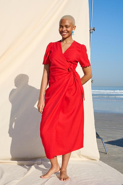 Vibrant Red Textured Wrap Dress for Beach Summer Casual Vibrant Red Textured Wrap Dress for Beach Summer Casual — Wrap Dresses