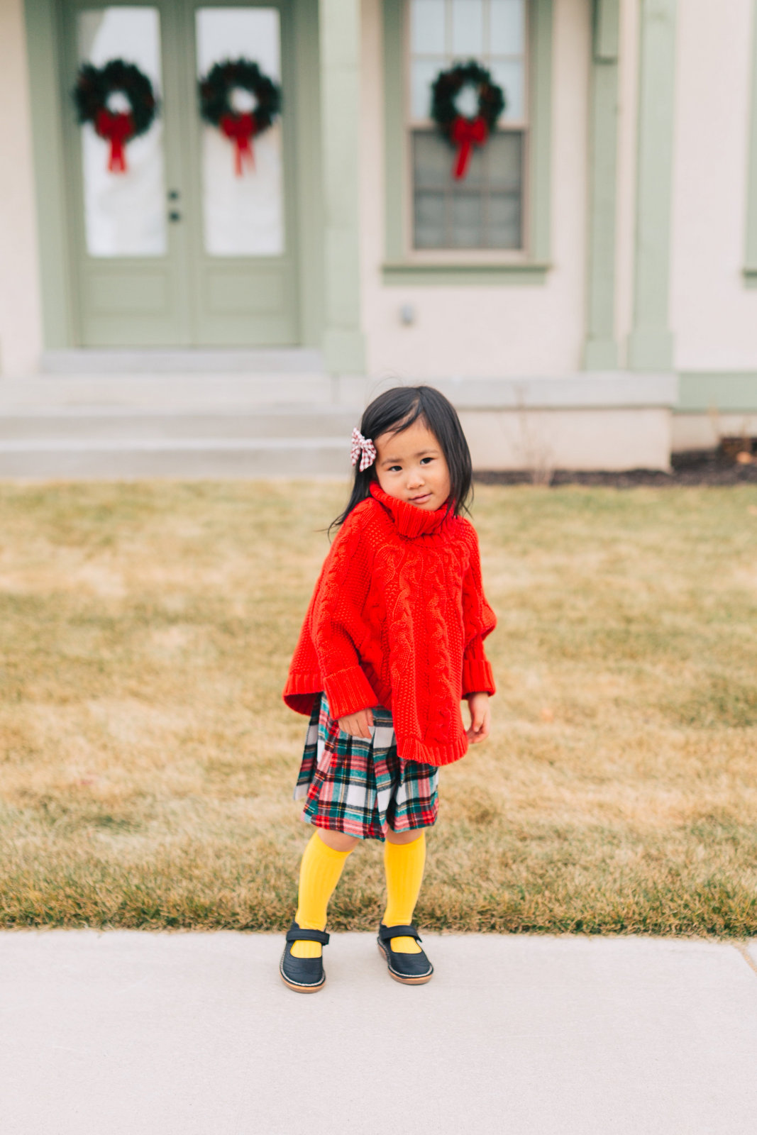 Red Cable Knit Poncho with Plaid Skirt and Yellow Tights Red Cable Knit Poncho with Plaid Skirt and Yellow Tights — Little Girl Outfits
