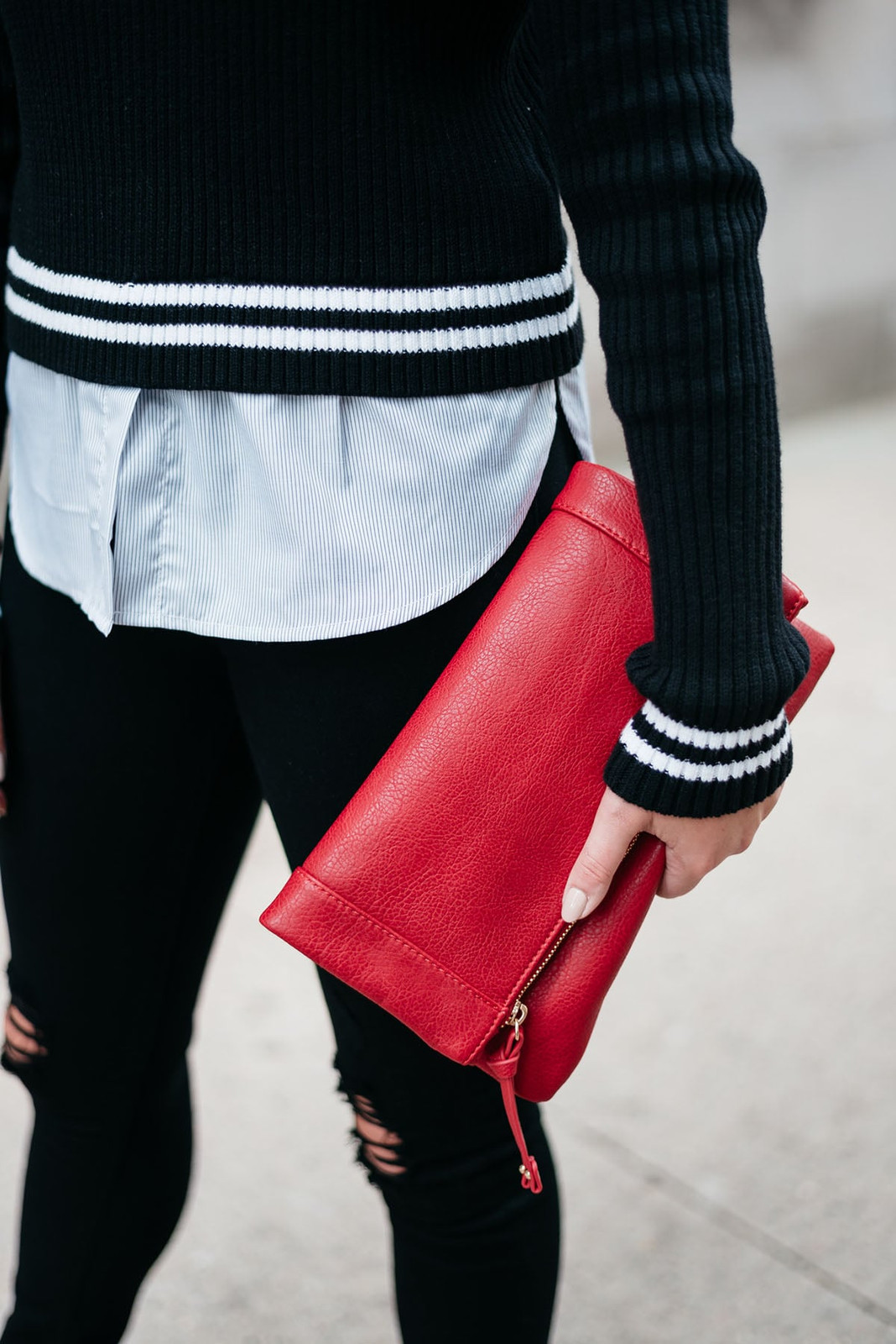 Casual Fall Outfit with a Pop of Red Clutch — Clutch Outfits