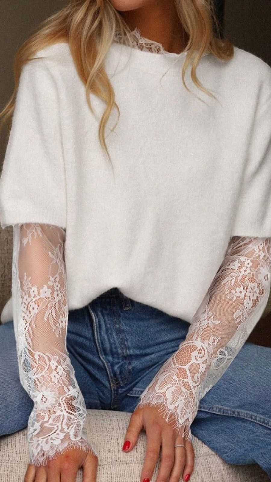 Lace Sleeves Layered Under a Fuzzy Knit Sweater Lace Sleeves Layered Under a Fuzzy Knit Sweater — Lace Top Outfits