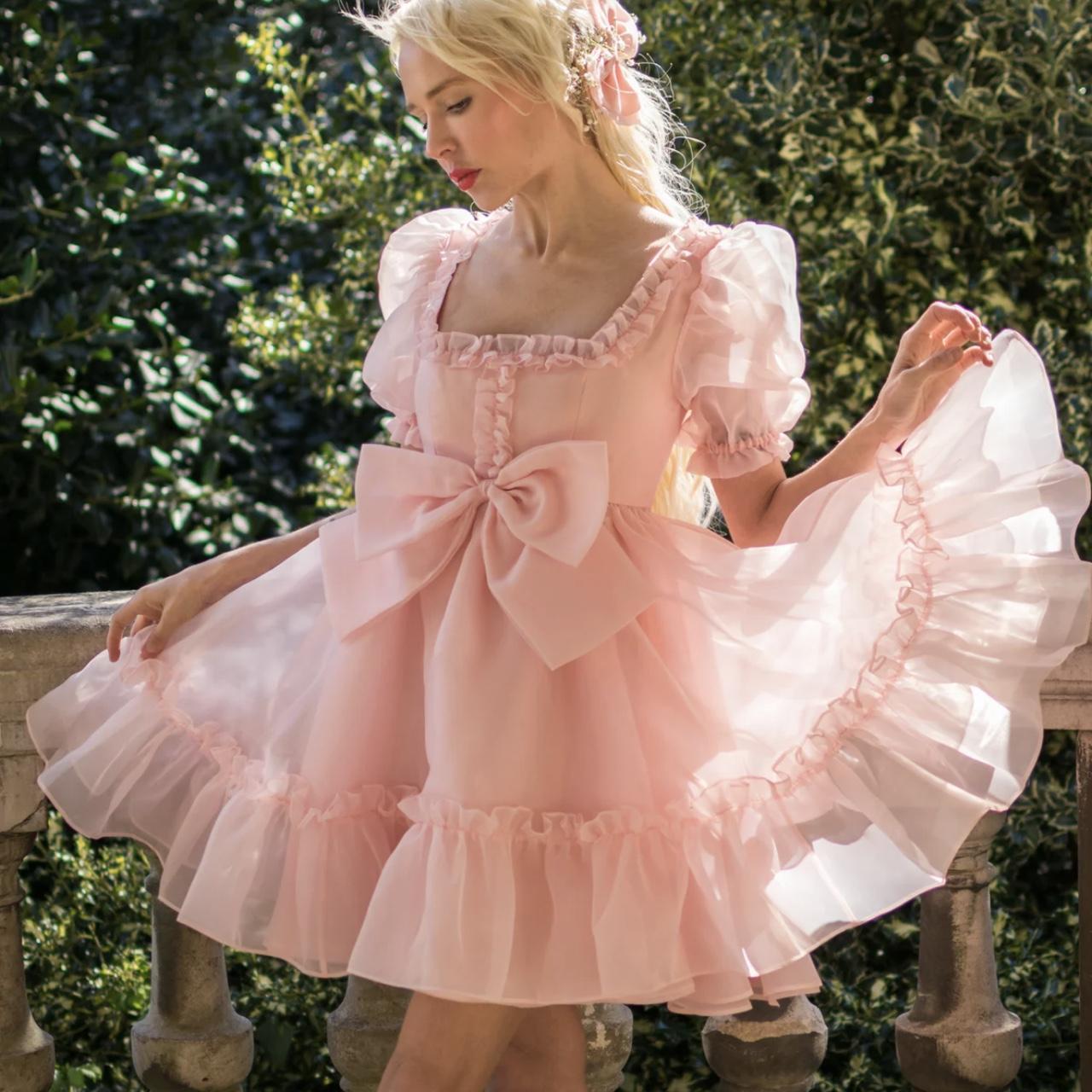 Pink Organza Mini Dress with Puff Sleeves and Oversized Bow — Princesscore Outfits