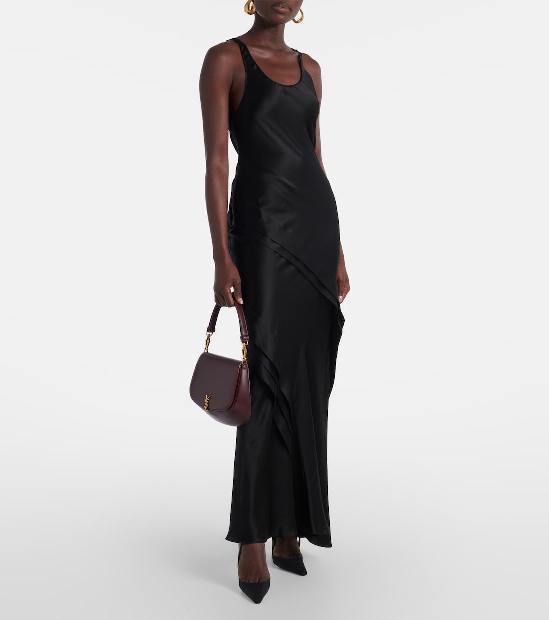 Black Silk Satin Slip Dress with Asymmetrical Draping — Satin Dresses