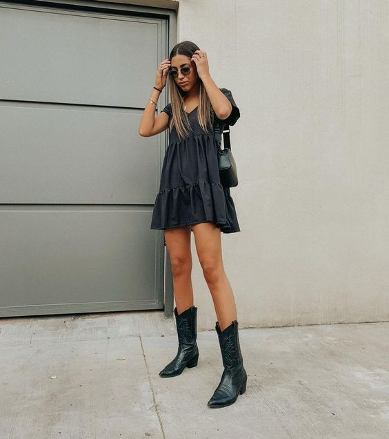 Tiered Babydoll Dress with Black Cowboy Boots — Cowboy Boot Outfits with Dress