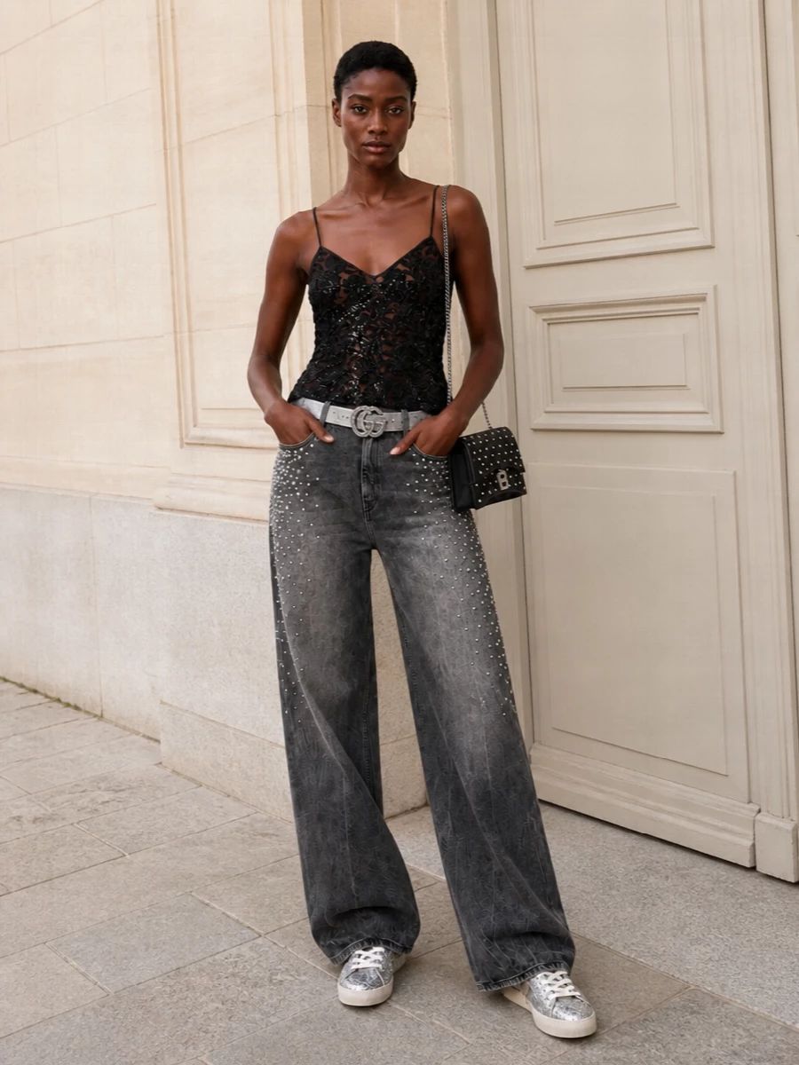 Studded Jeans and Sequin Top with Glitter Sneakers — Golden Goose Outfits