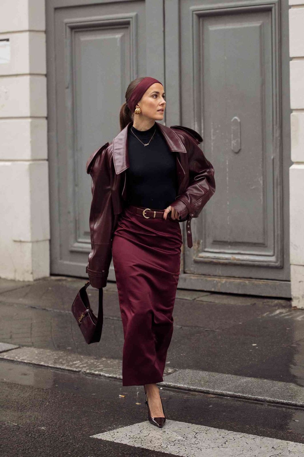 Burgundy Satin Pencil Skirt with Leather Jacket Burgundy Satin Pencil Skirt with Leather Jacket — Pencil Skirts