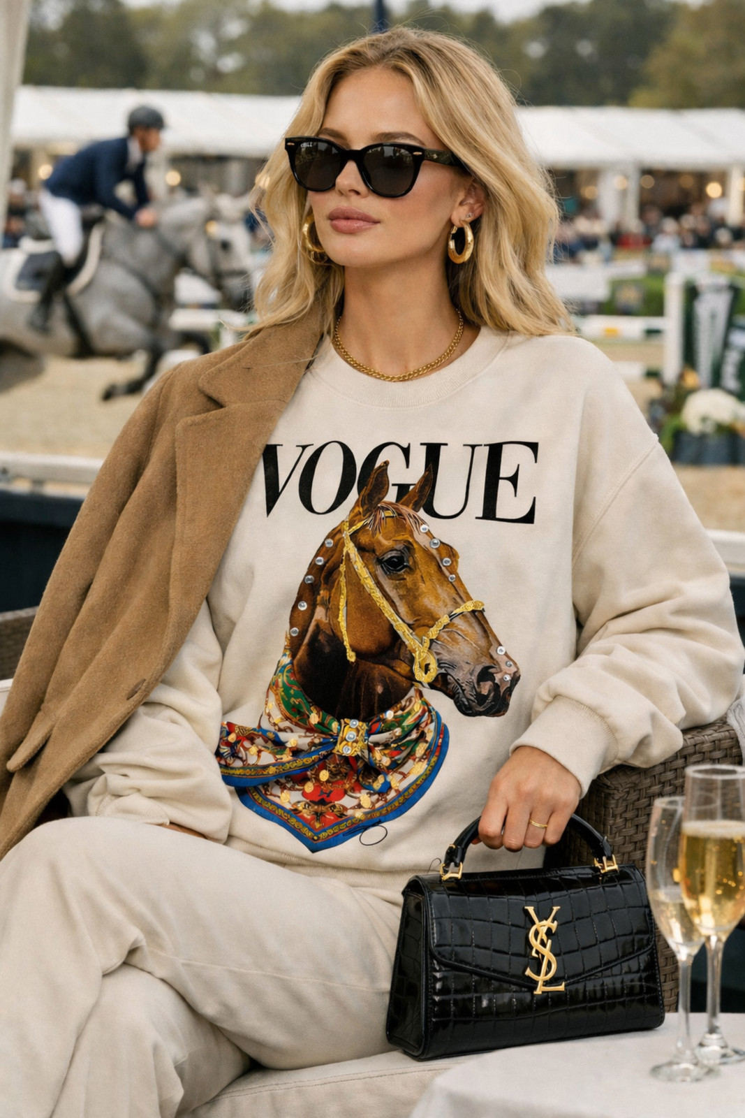 Graphic Horse Sweatshirt with Camel Coat — Horse Girl Outfits