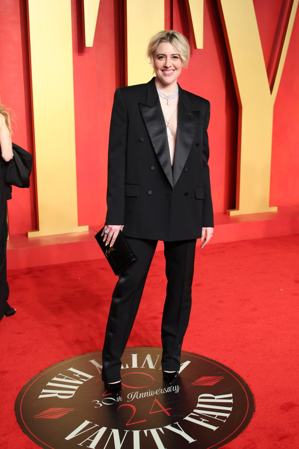 Modern Tuxedo with Satin Lapels and Deep V-Neckline — Black Tie Dresses