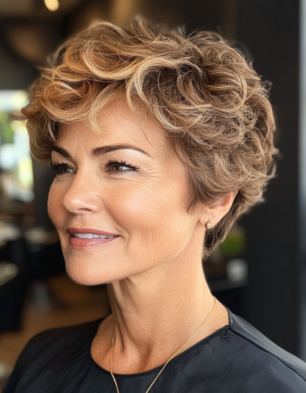 Caramel Curly Pixie With Golden Highlights Caramel Curly Pixie With Golden Highlights — Hair Color Over 50 Short Hair