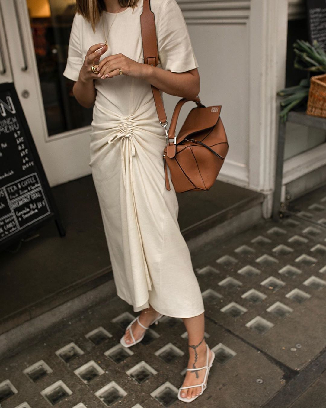 Spring Event Chic with a Tan Loewe Puzzle Bag — Loewe Bag Outfits