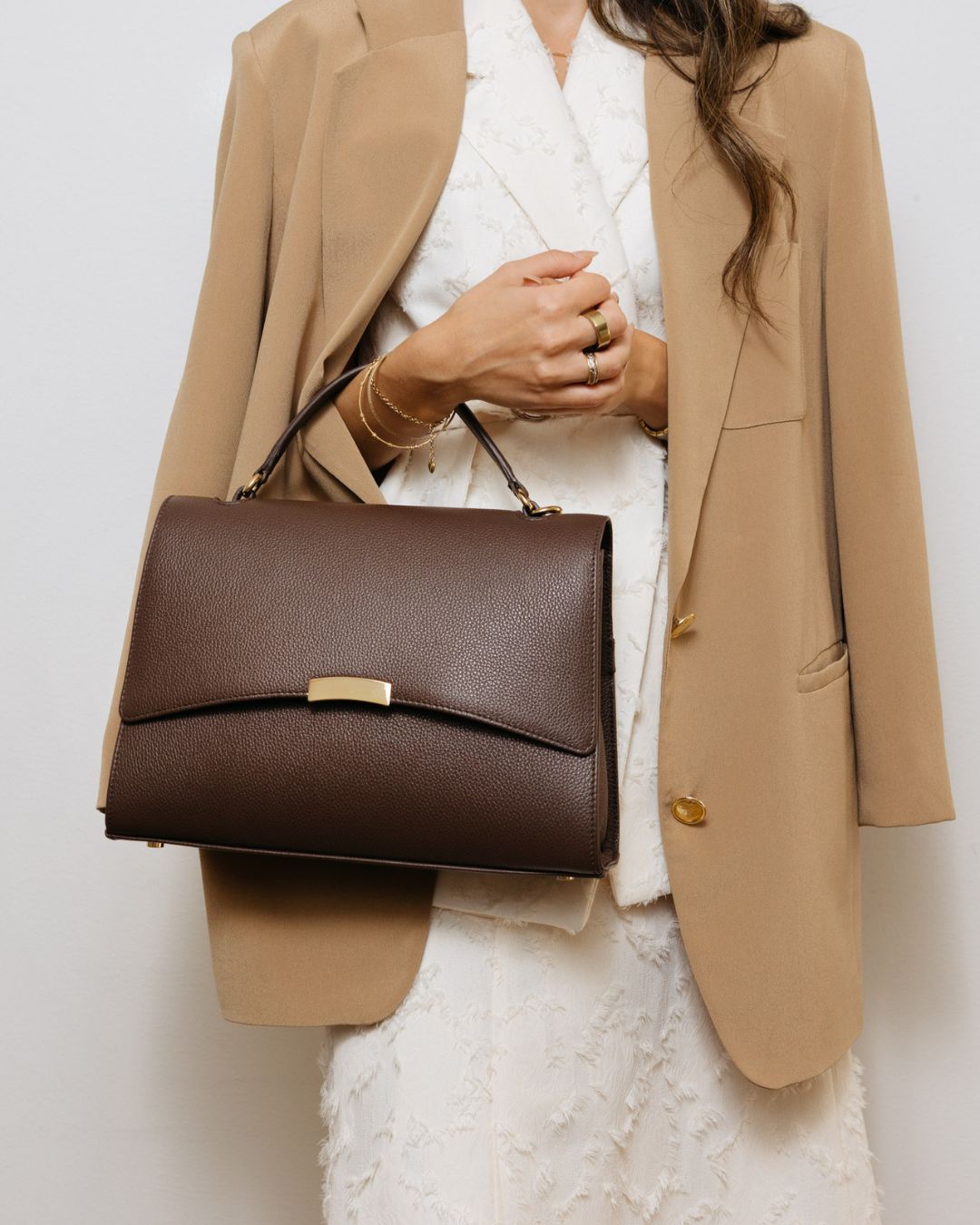 Structured Dark Brown Handbag with Camel Blazer Structured Dark Brown Handbag with Camel Blazer — Work Bags for Women