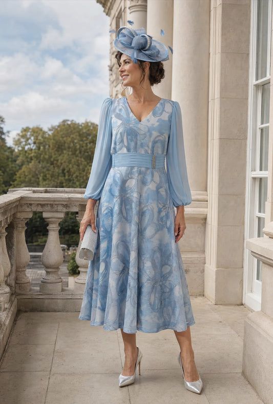 Light Blue Floral Print Midi Dress with Matching Fascinator Light Blue Floral Print Midi Dress with Matching Fascinator — Mother of the Bride Outfits