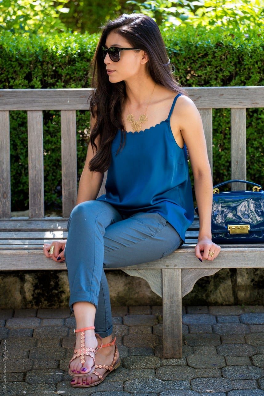 Teal Scalloped Top with Grey-Blue Pants and Floral Sandals — Winery Outfits