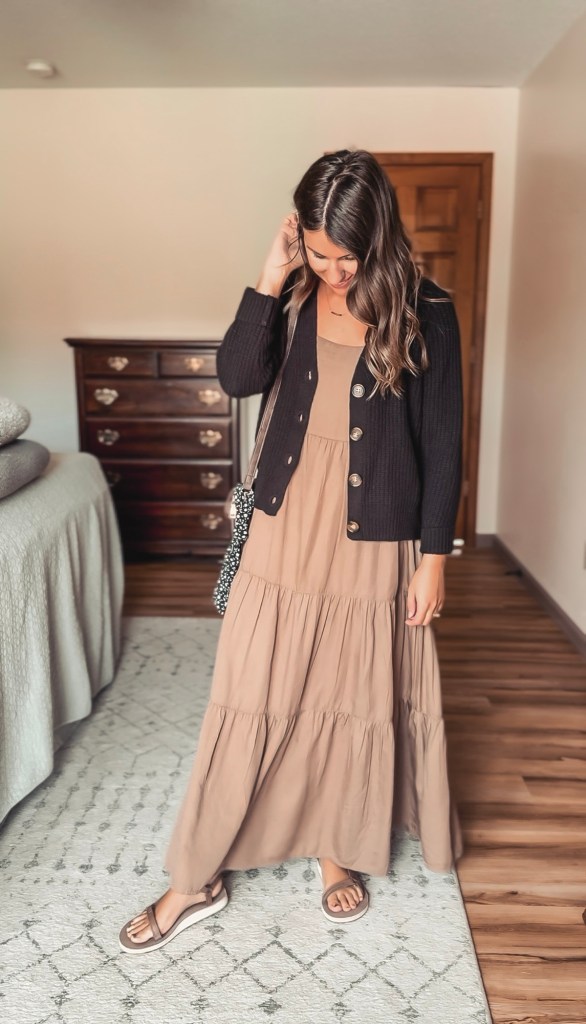 Beige Tiered Maxi Dress with Black Cardigan for Everyday — Brown Outfits