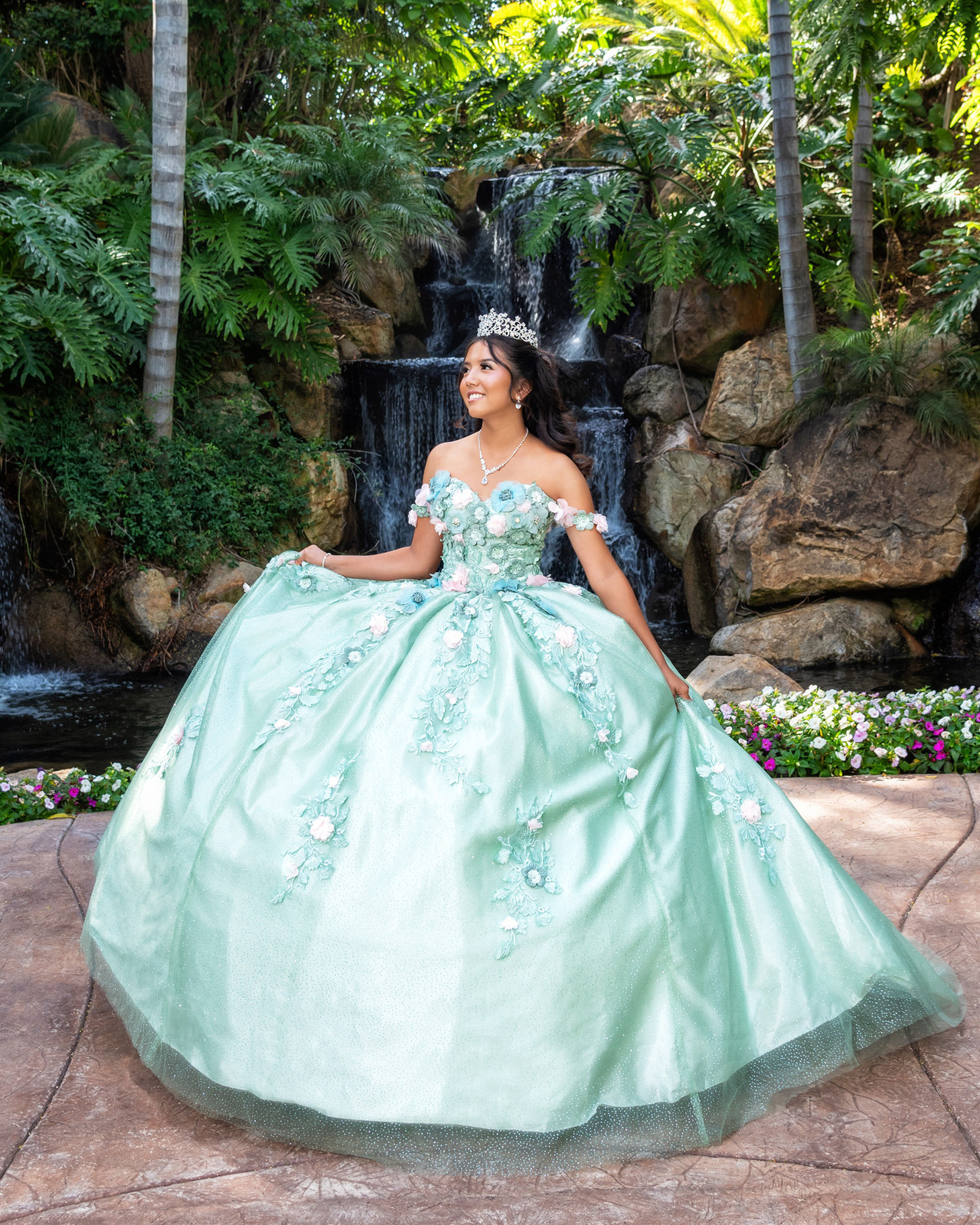 Mint Green Ballgown with Pink and Blue Floral Appliques Mint Green Ballgown with Pink and Blue Floral Appliques — Quinceanera Dresses