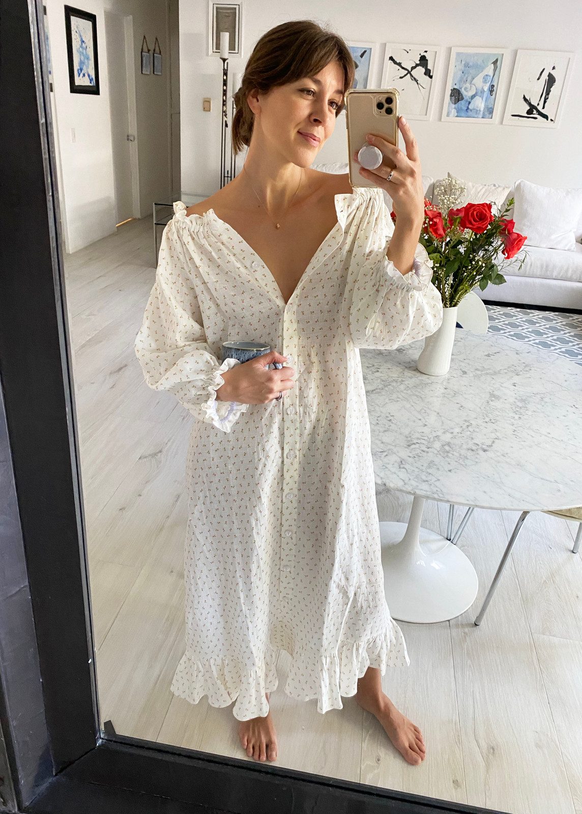 White Floral Nap Dress with Ruffled Hem for Lounging White Floral Nap Dress with Ruffled Hem for Lounging — Nap Dresses