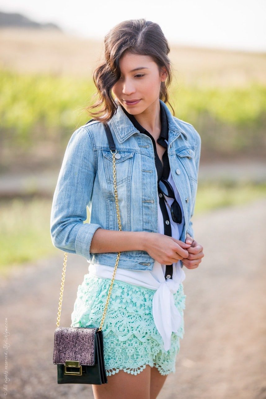 Denim Jacket and Lace Shorts for a Playful Wine Tasting Ensemble Denim Jacket and Lace Shorts for a Playful Wine Tasting Ensemble — Wine Tasting Outfits