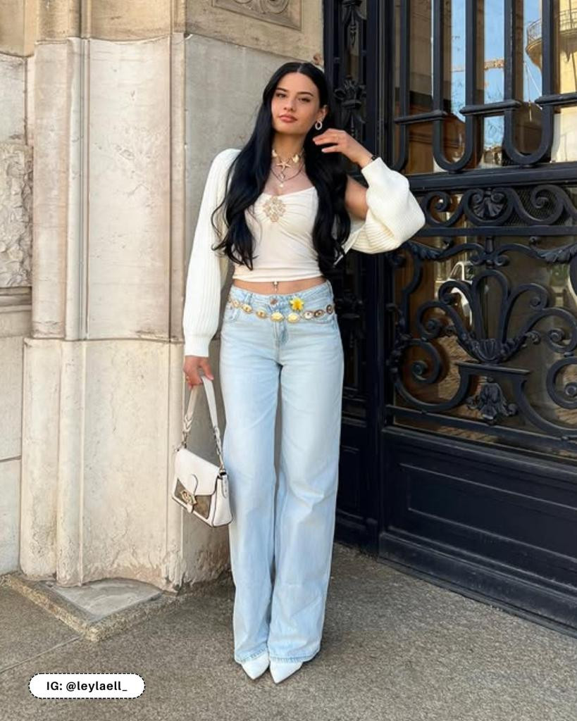 Cropped Cardigan and Jeans with a Gold Chain Belt Accent — Belt Outfits