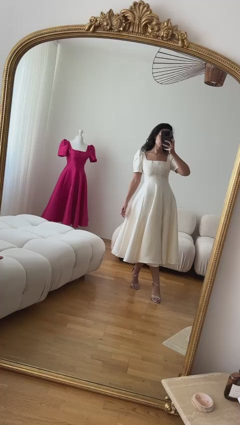 Cream Satin Midi Dress with Puffed Sleeves Cream Satin Midi Dress with Puffed Sleeves — Vienna Outfits
