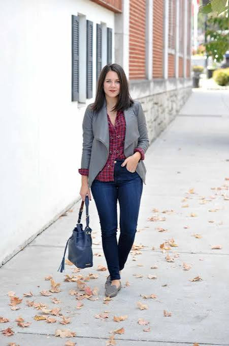 Grey Blazer over Plaid Shirt with Skinny Jeans and Loafers Grey Blazer over Plaid Shirt with Skinny Jeans and Loafers — Madewell Outfits