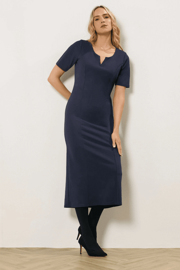 Fitted Navy Midi Dress with Notch Neckline for an Interview Fitted Navy Midi Dress with Notch Neckline for an Interview — Interview Dresses