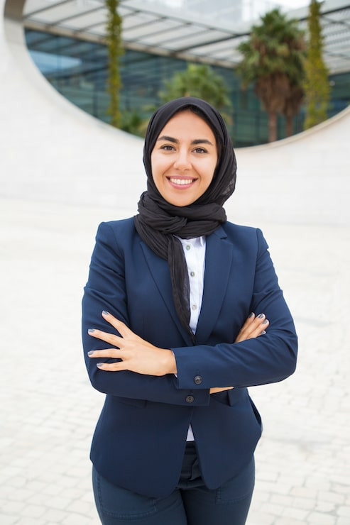 Navy Blazer And Crisp White Shirt Business Formal Look — Formal Hijab Outfits
