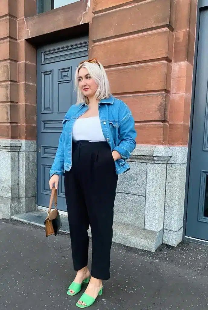 Denim Jacket and Trousers with Pop of Color Mules — Outfits for Mom Bod