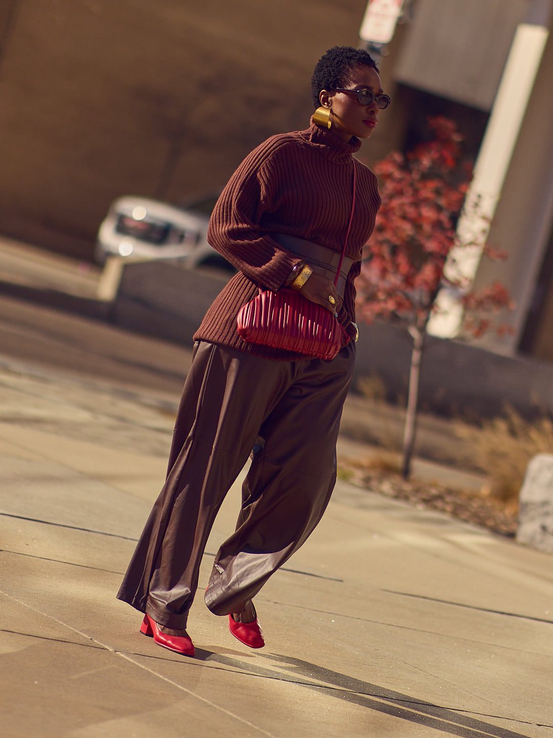 Fashion-Forward Brown Leather-Like Pants with Red Accents — Wide Leg Pants Outfits