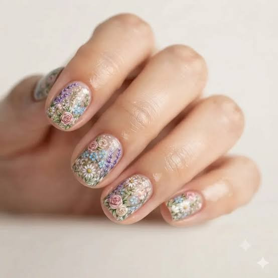 Intricate Floral Art Covering Each Nail Visual Idea Intricate Floral Art Covering Each Nail Visual Idea — Nails for Short Nail Beds