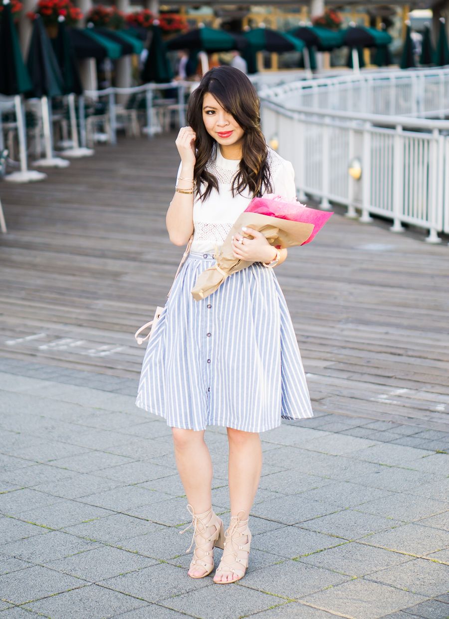 Blue Striped Button-Front A-Line Skirt for Summer Blue Striped Button-Front A-Line Skirt for Summer — A Line Skirt Outfits