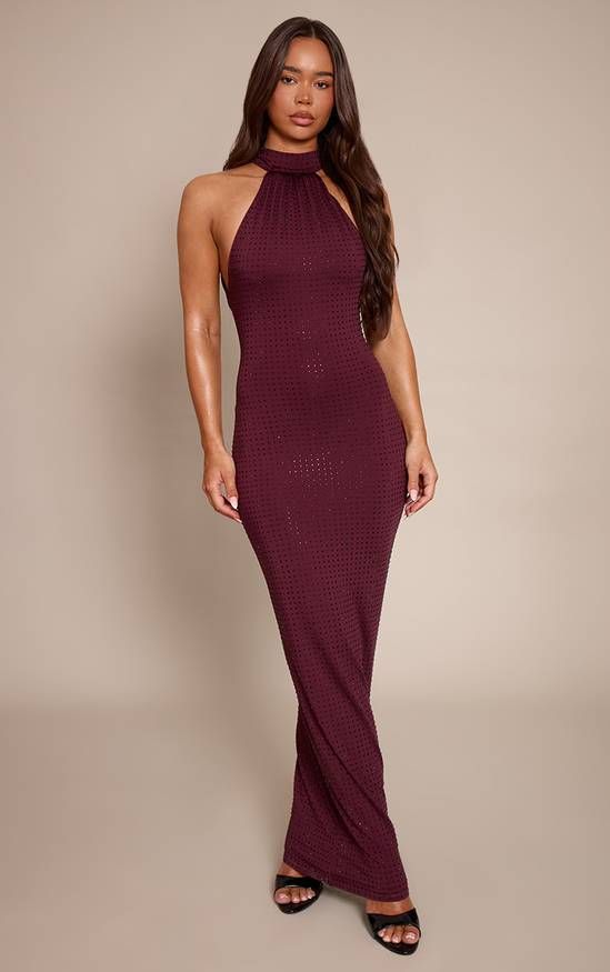 Burgundy Sparkly Halterneck Maxi Dress for Evening Burgundy Sparkly Halterneck Maxi Dress for Evening — Dresses for Women Over 60