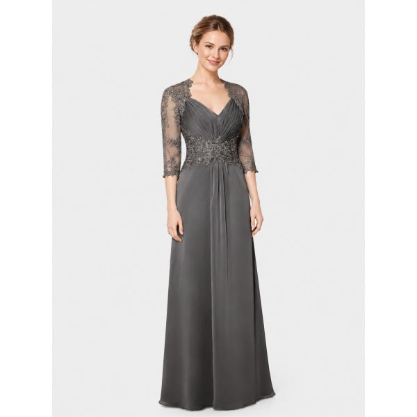 Charcoal Grey Satin Dress with Embellished Lace Bolero Charcoal Grey Satin Dress with Embellished Lace Bolero — Mother of the Groom Dresses