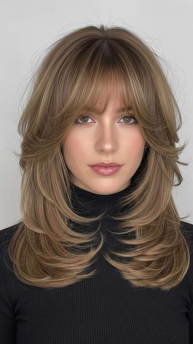 Voluminous Layers: Black High-Neck Top with Blonde-Brown Hair — Bangs with Layers