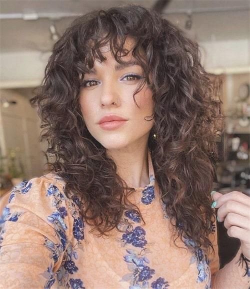 Shoulder Dark Brown With Auburn Curls And Full Bangs — Long Wolf Cut