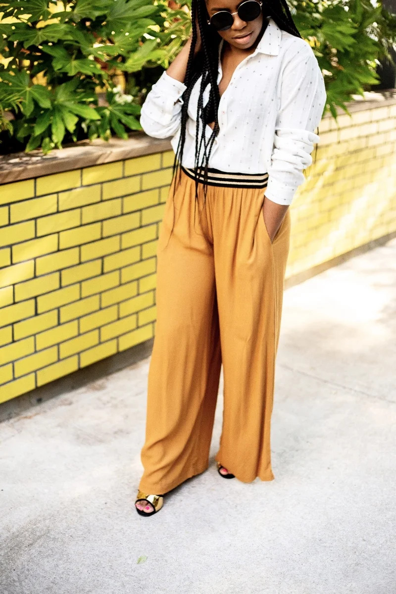 Mustard Wide-Leg Pants with White Shirt and Bralette — Anthropologie Outfits