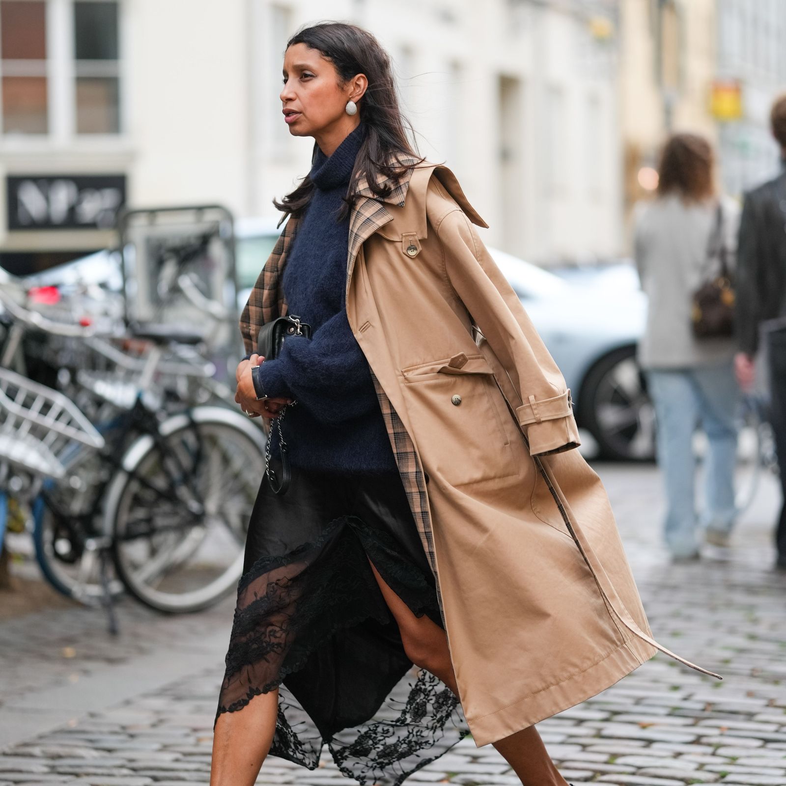 Black Lace Slip Skirt with Trench Coat and Ankle Boots — Slip Skirt Outfits