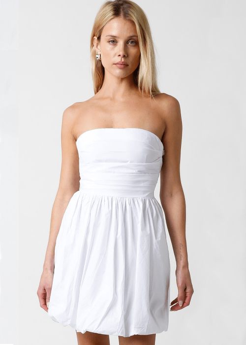 White Cotton Strapless Mini Dress with Gathered Waist and Bubble Hem — Bubble Hem Dresses