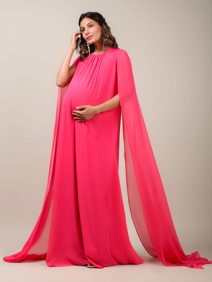 Hot Pink Maxi Dress with Cape Sleeves for a Glamorous Baby Shower Hot Pink Maxi Dress with Cape Sleeves for a Glamorous Baby Shower — Baby Shower Dresses