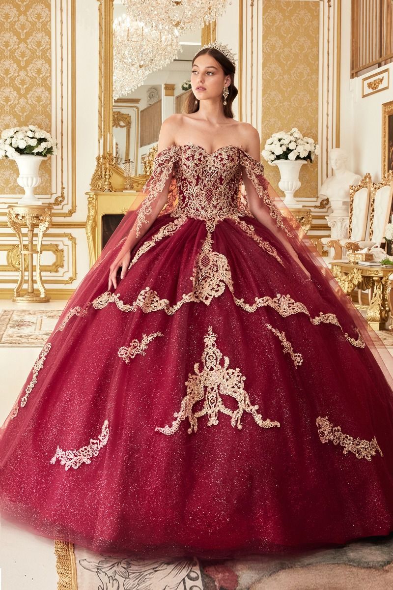 Burgundy Glitter Tulle Ball Gown with Cape Sleeves and Applique Burgundy Glitter Tulle Ball Gown with Cape Sleeves and Applique — Ball Gowns
