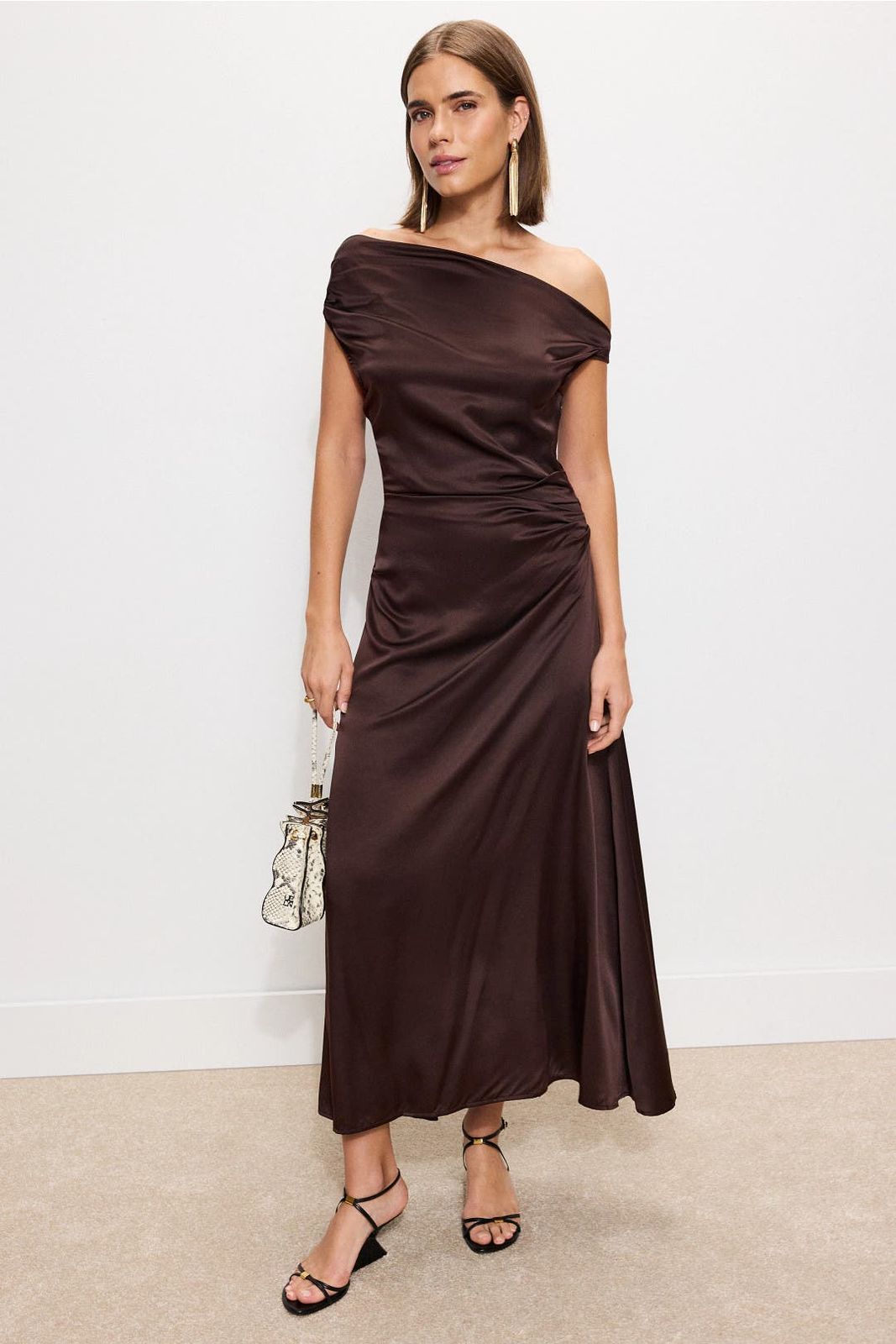 Brown Satin One-Shoulder Dress with Draped Skirt and Strappy Heels Brown Satin One-Shoulder Dress with Draped Skirt and Strappy Heels — Tea Length Dresses