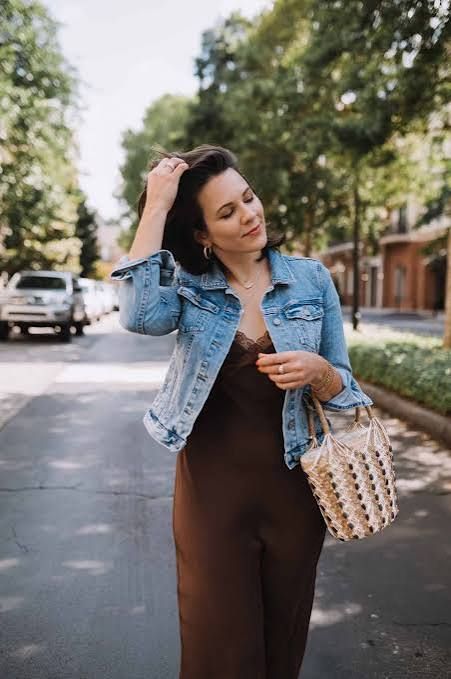 Brown Silk Slip Midi Dress with Denim Jacket Brown Silk Slip Midi Dress with Denim Jacket — Silk Dresses
