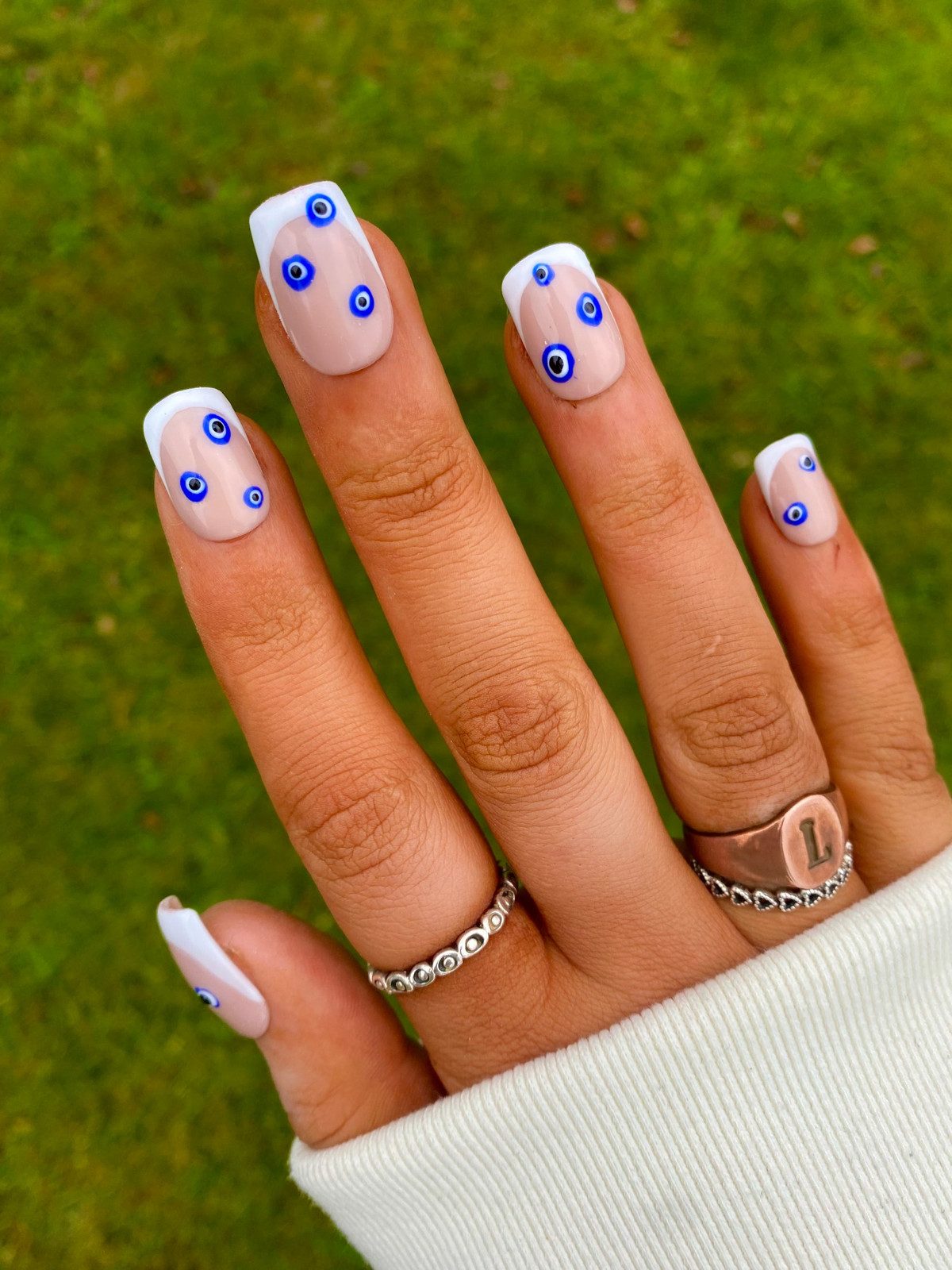 Short Square French Tip Evil Eye Nails Short Square French Tip Evil Eye Nails