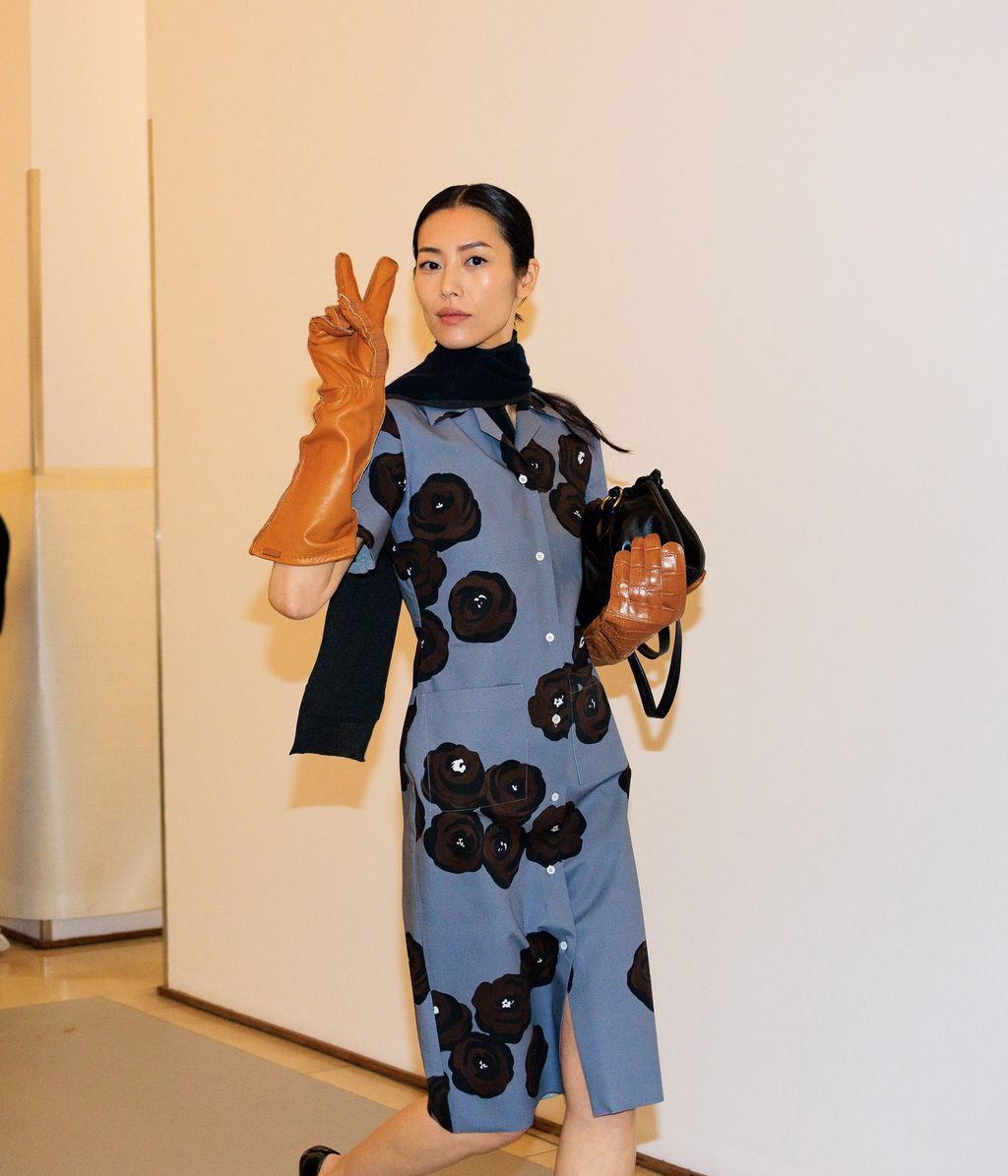 Miu Miu Blue Floral Shirt Dress with Leather Gloves — Miu Miu Outfits