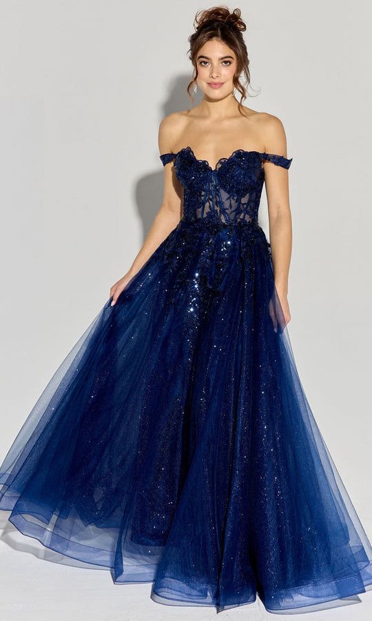 Navy Blue Off-Shoulder Ball Gown with Star Embellishments — Military Ball Dresses