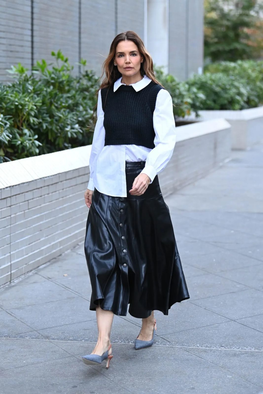 Layered Sweater Vest and Leather Skirt with Grey Slingbacks — Slingback Heels Outfits