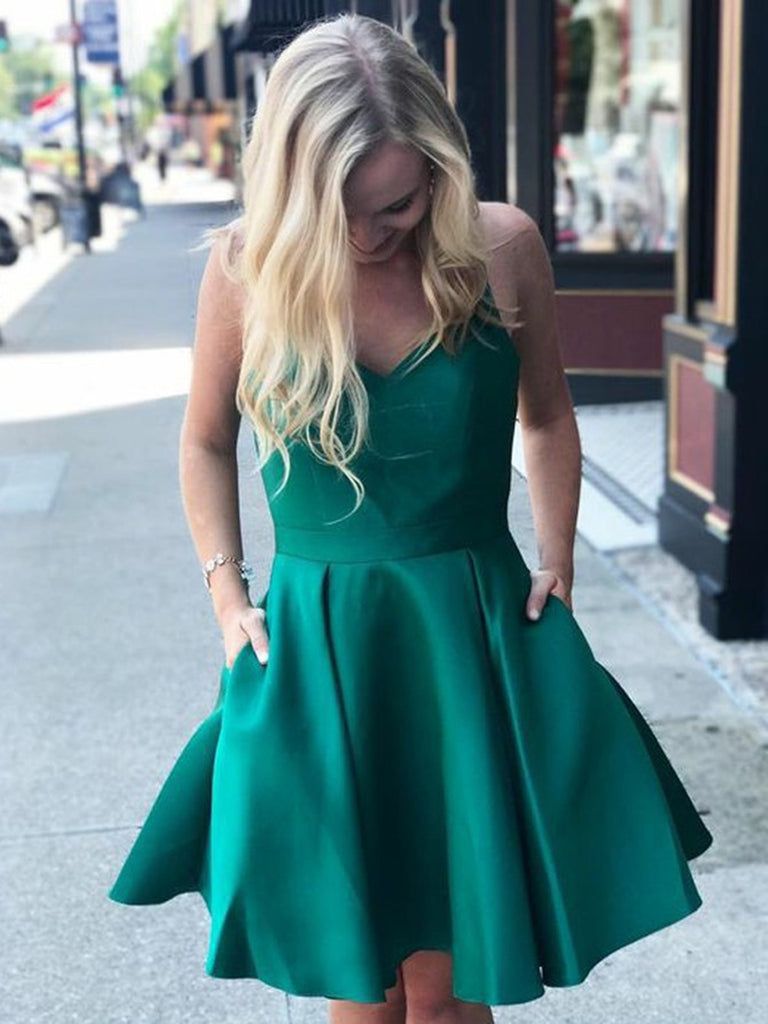 Short Green Satin Fit-and-Flare Dress with V-Neckline Short Green Satin Fit-and-Flare Dress with V-Neckline — Pageant Dresses