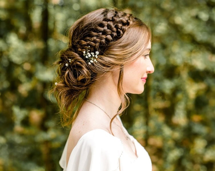Light Brown Delicate Braids and Flowers — Braided Updo