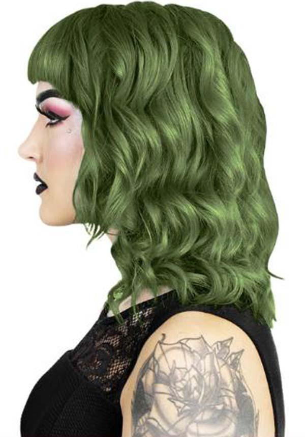 Side View Chin-Length Lime Green Bob With Blunt Bangs — Forest Green Hair