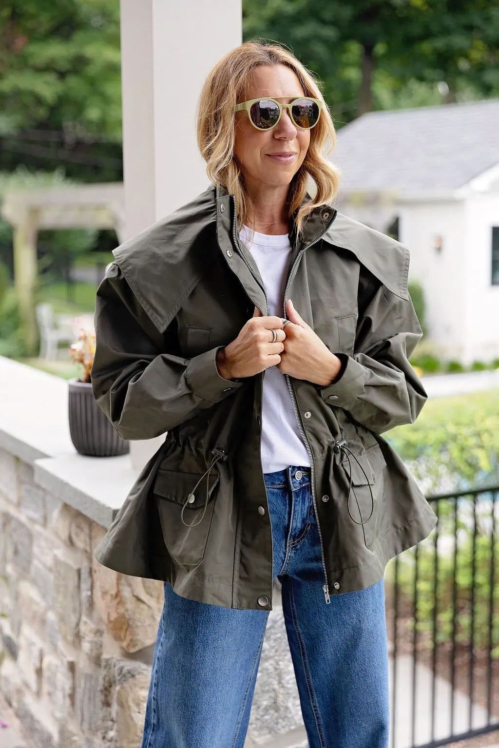 Utility Chic: Green Jacket over a Simple Tee Utility Chic: Green Jacket over a Simple Tee — Substitute Teacher Outfits